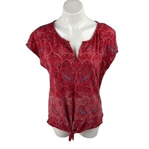 Lucky Brand Women Large Red Paisley Blouse Top Casual Boho Casual Pullover